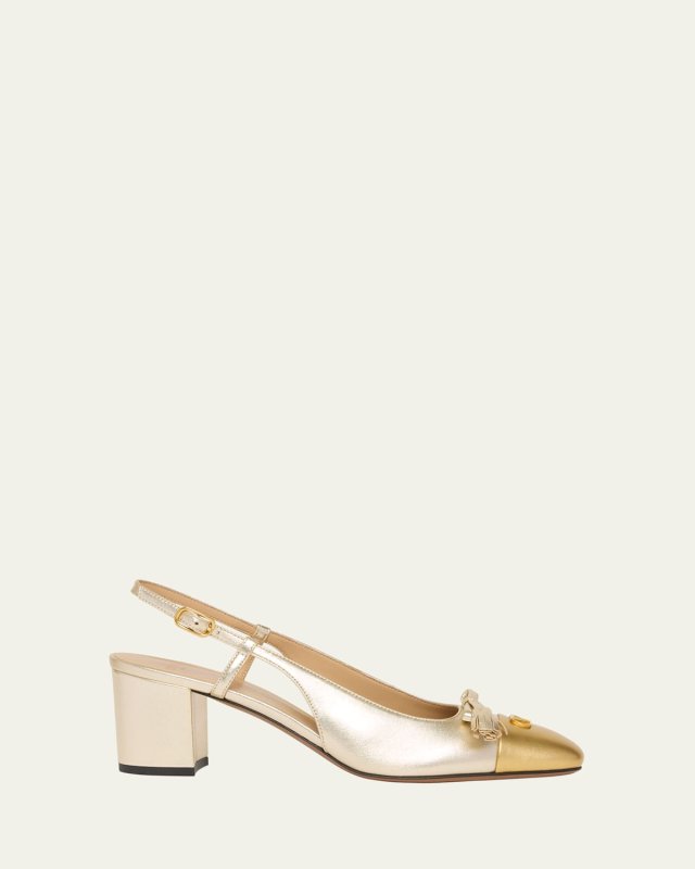 Valet Du Roi VLogo Metallic Leather Slingback Pumps